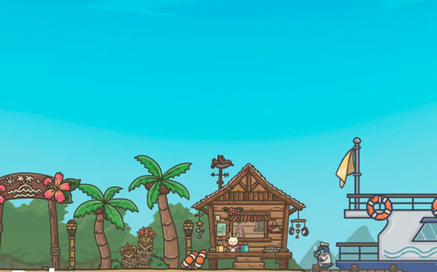 Cena tranquila e acolhedora do jogo Tsuki Adventure ao pôr do sol