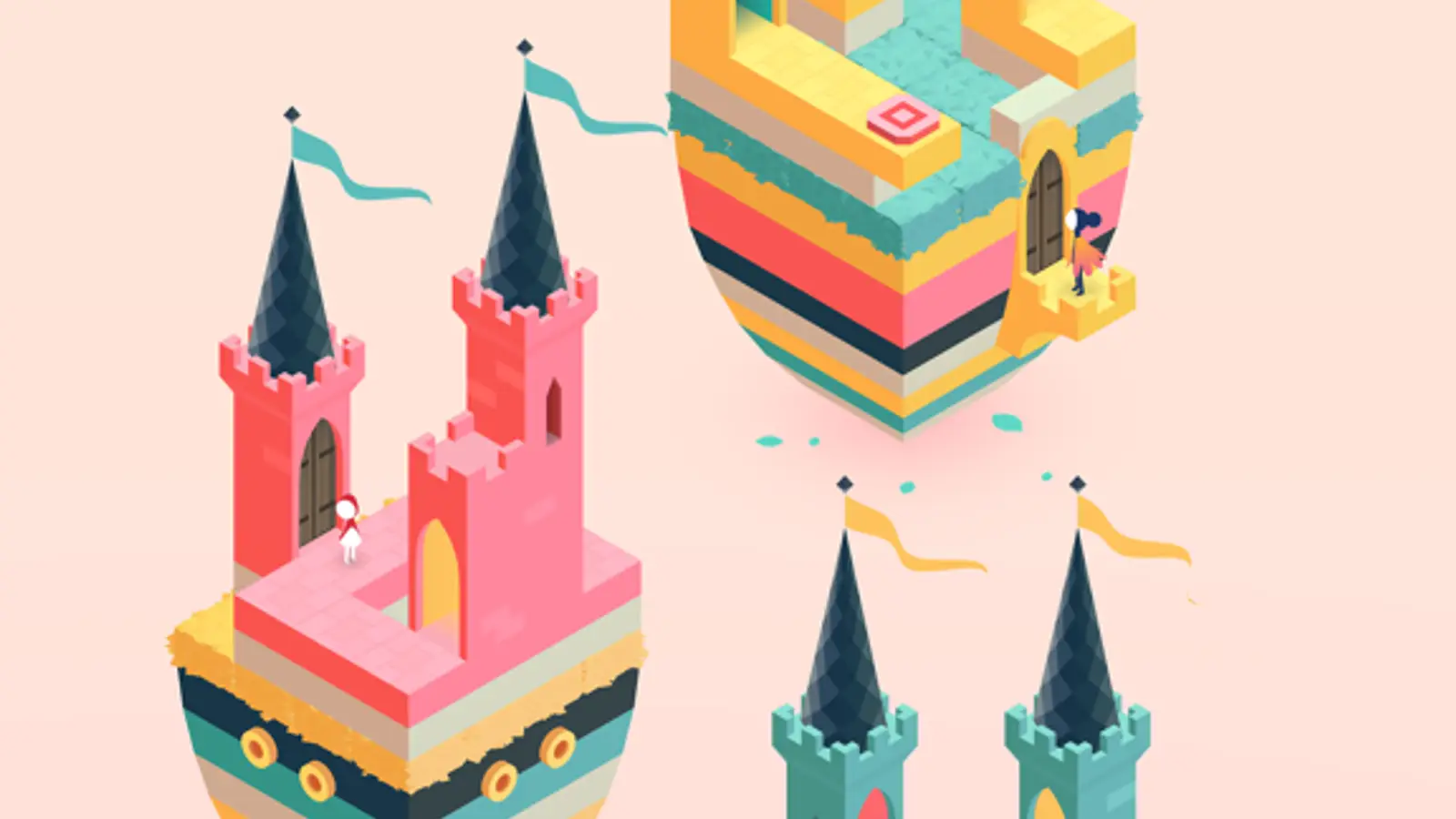 Cena pastel e geométrica do jogo Monument Valley 2, com torres suaves em tons de rosa e lilás